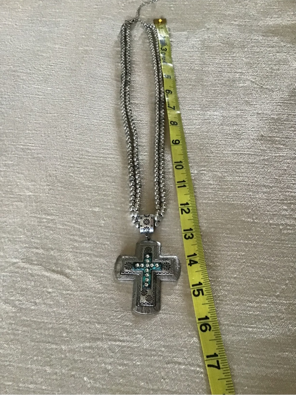 Silver Cross Pendant Necklace with Teal Inlay and Crystal Accents - Picture 4 of 5